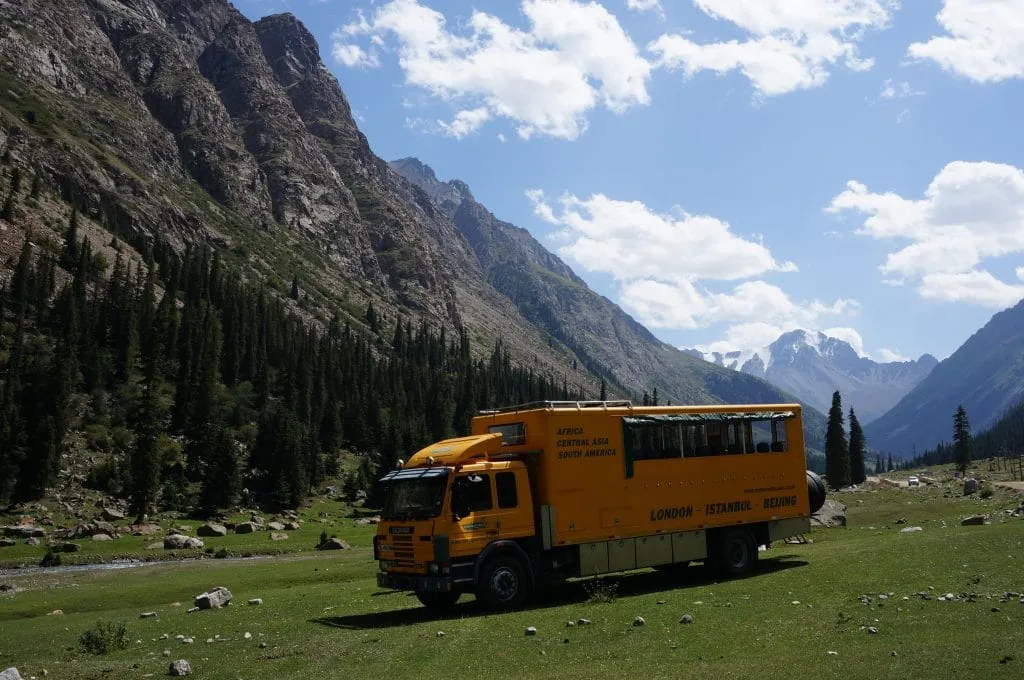 An overland truck in Kyrgyzstan
