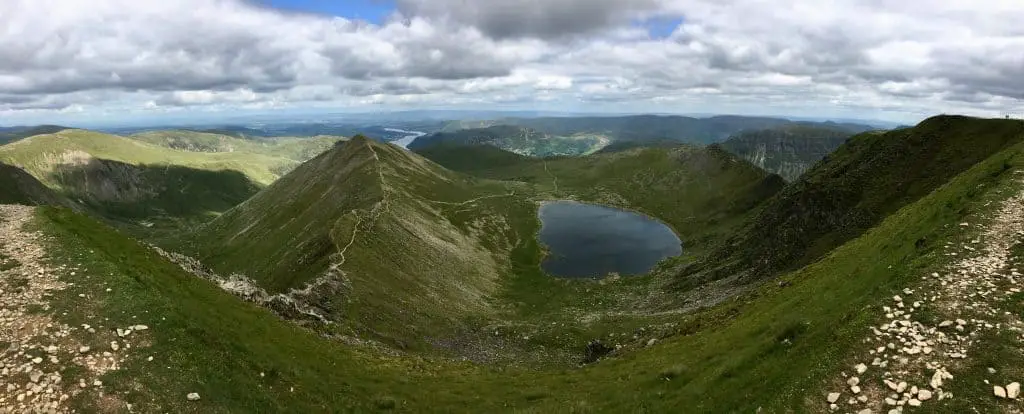 View from the summit of Helvellyn with Striding Edge on the right and Swirral Edge on the left